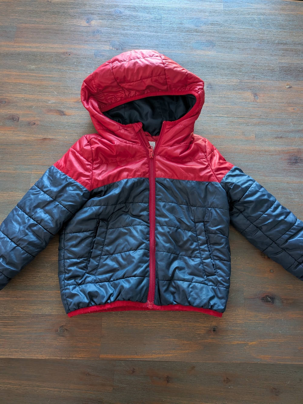 Joe Fresh Colorblock Hooded Puffer Jacket - Red and Navy